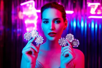 A stylish woman beside vibrant slot machines displaying glowing sevens, showcasing the variety of top slots at JLWAFA.
